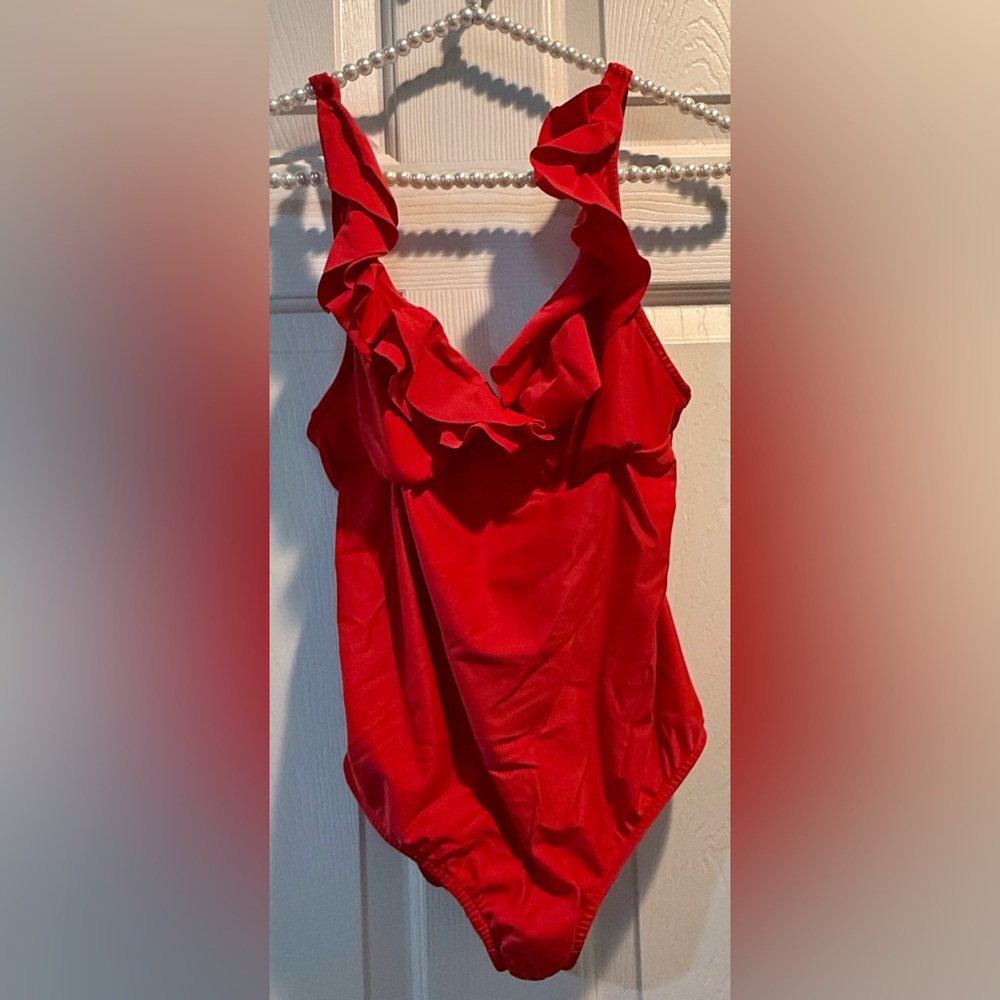 Venus one piece red swimsuit. Ruffles at shoulders and chest. Size 8. So cute! - Picture 2 of 10